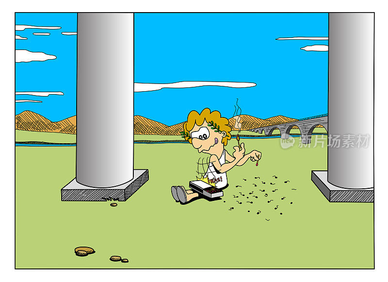 小宝贝 Nerón 有趣的历史人物在罗马神庙里玩火柴和火。幽默的卡通矢量图。